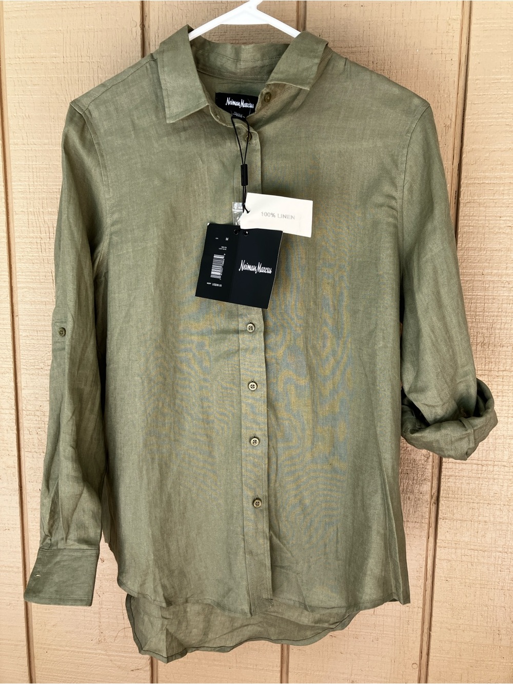 Neiman Marcus Olive Green Linen Button-Down Shirt